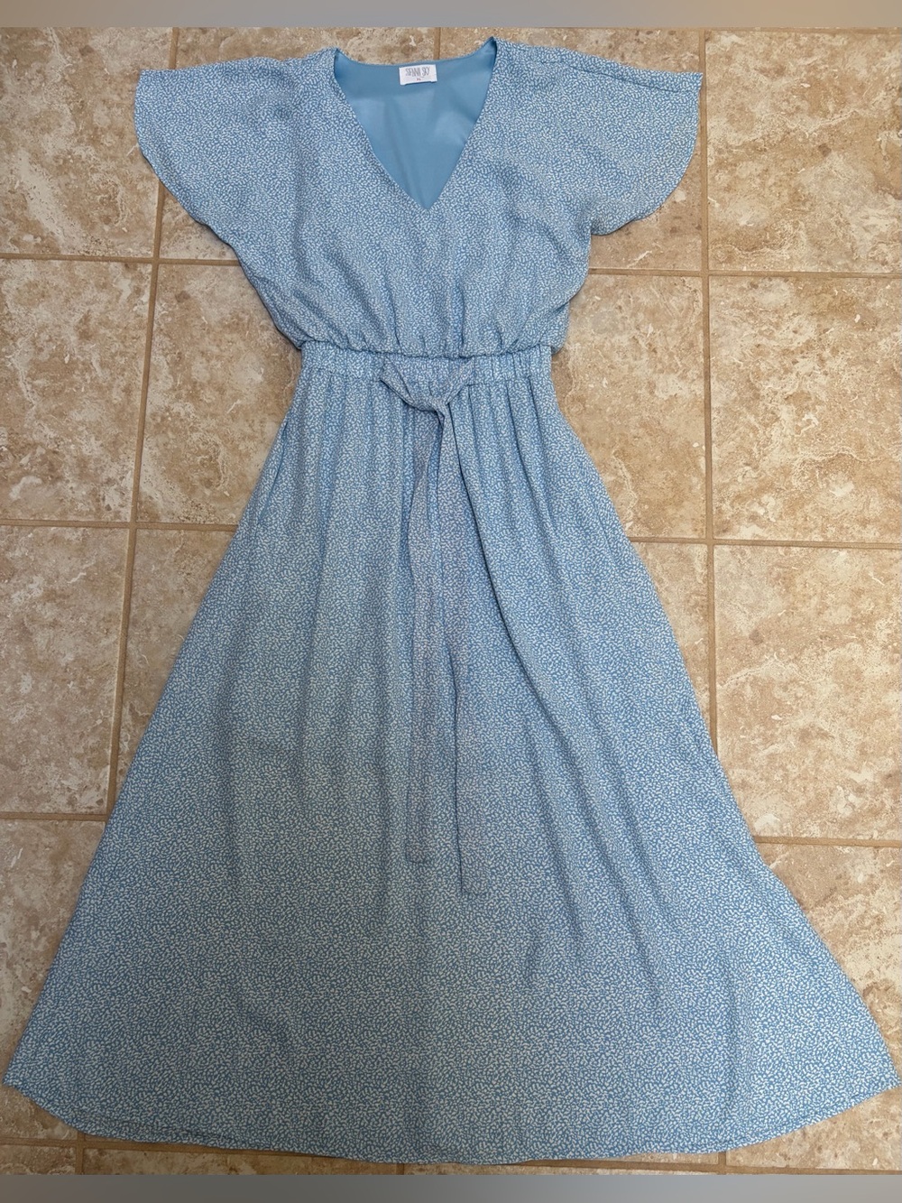 Sienna Sky Light Blue Flutter Sleeve V-Neck Maxi Dress Sz XS